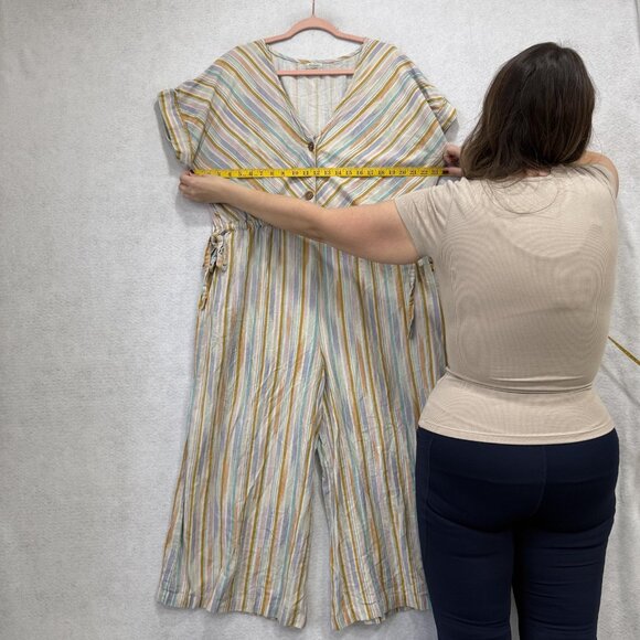 World Market Jumpsuit Womens L/XL Striped Linen Cotton Wide Leg V Neck Pockets - Picture 4 of 10